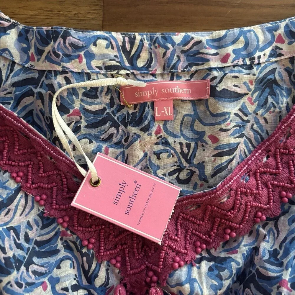 Simply Southern Cover Up‎ Size L -XL Blue Pink Tropical Beach Resort Vacay NEW